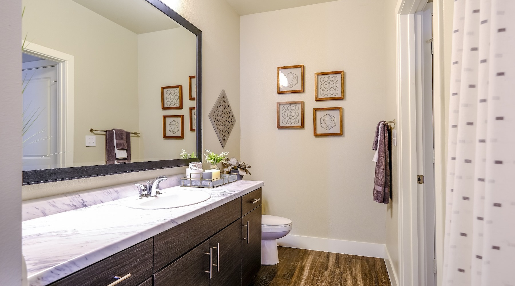 a bathroom with a large mirror and a white counter