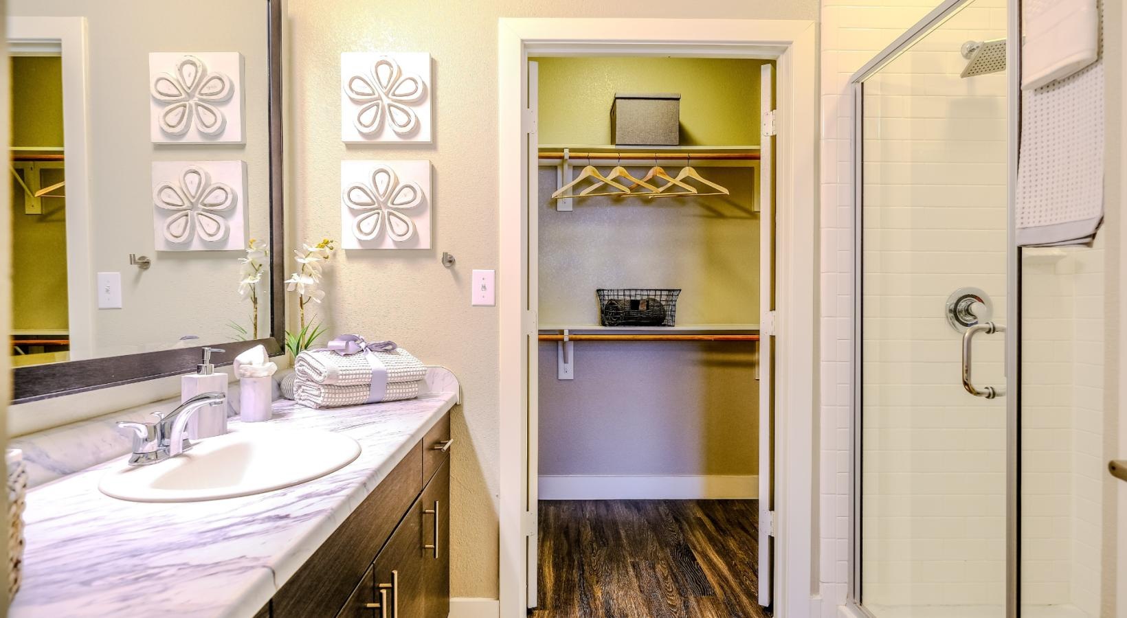 Bathroom options with thoughtful details a bathroom with a sink and a shower