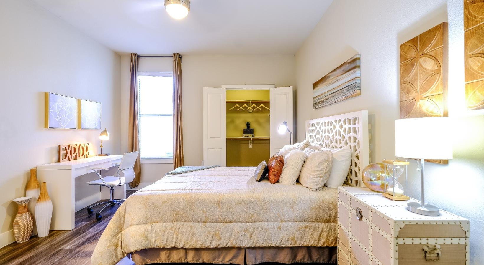 Sleep in style a bedroom with a bed and a desk