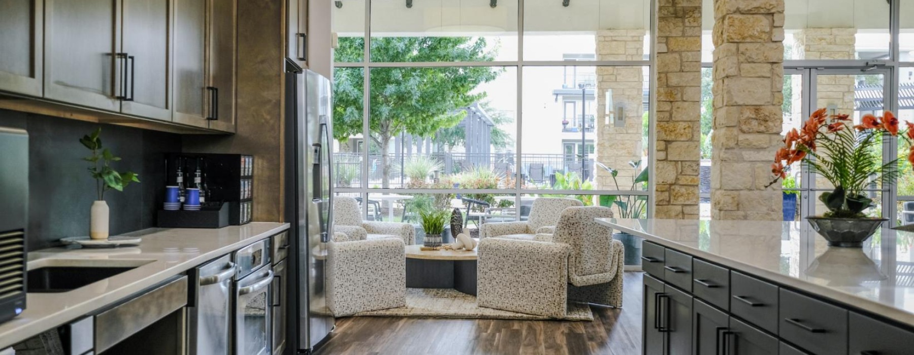 a kitchen with a large window