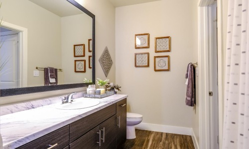 a bathroom with a large mirror